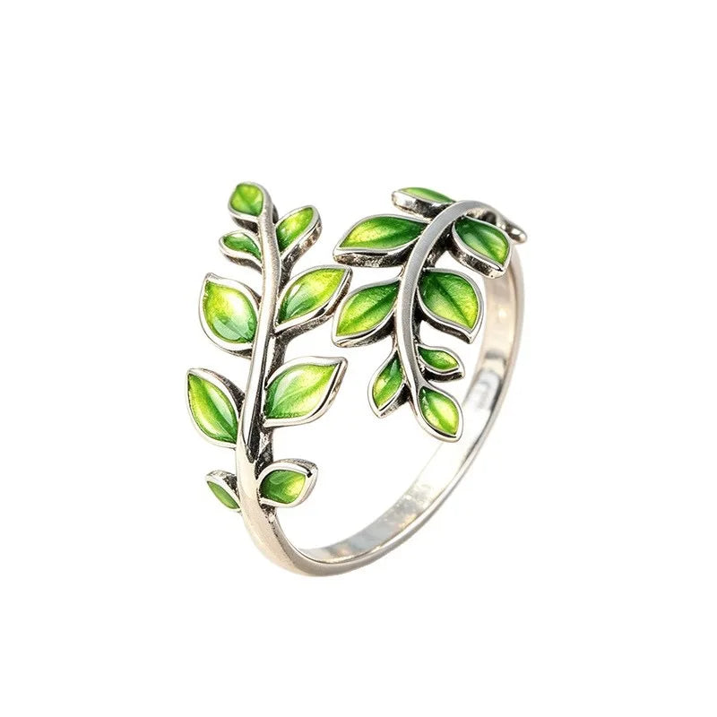 Green Leaf Open Ring - 925 Sterling Silver - side detail | Veloria