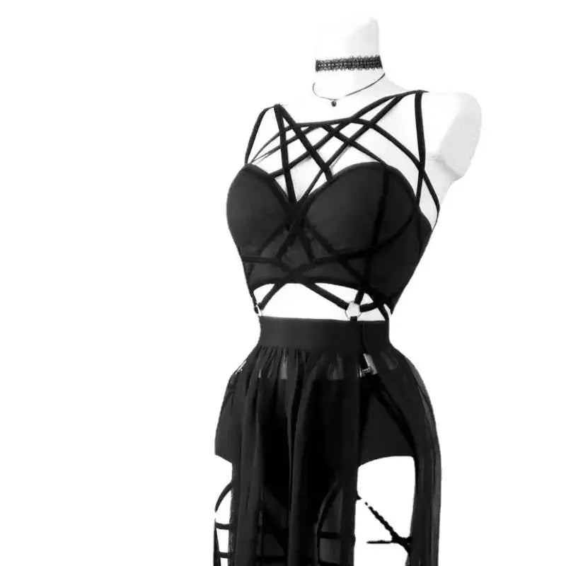 Gothic Mesh Skirt Set - red two piece alt outfit | Veloria