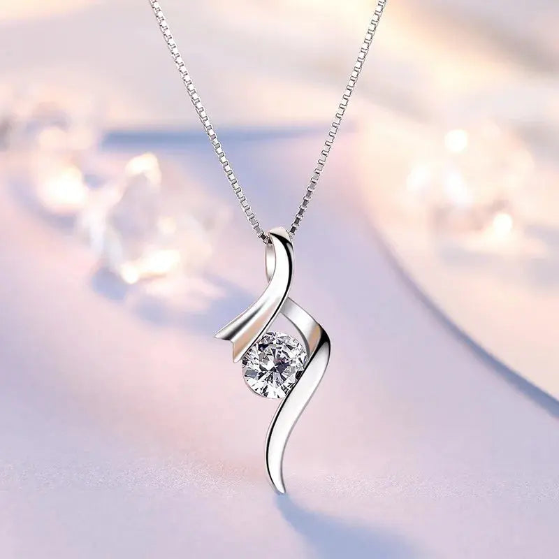 Ribbon Pendant Necklace - 925 silver zircon pendant front view | Veloria