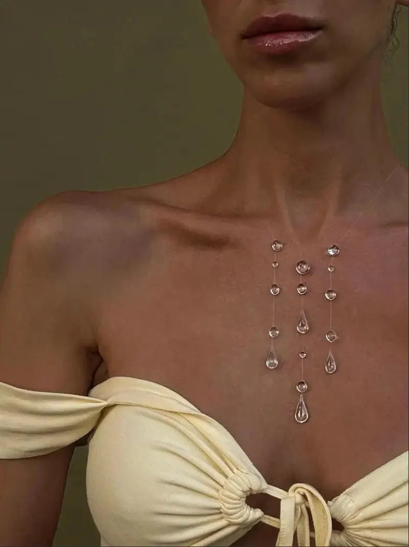 Clear Dewdrop Tassel Pendant Necklace - detail view | Veloria