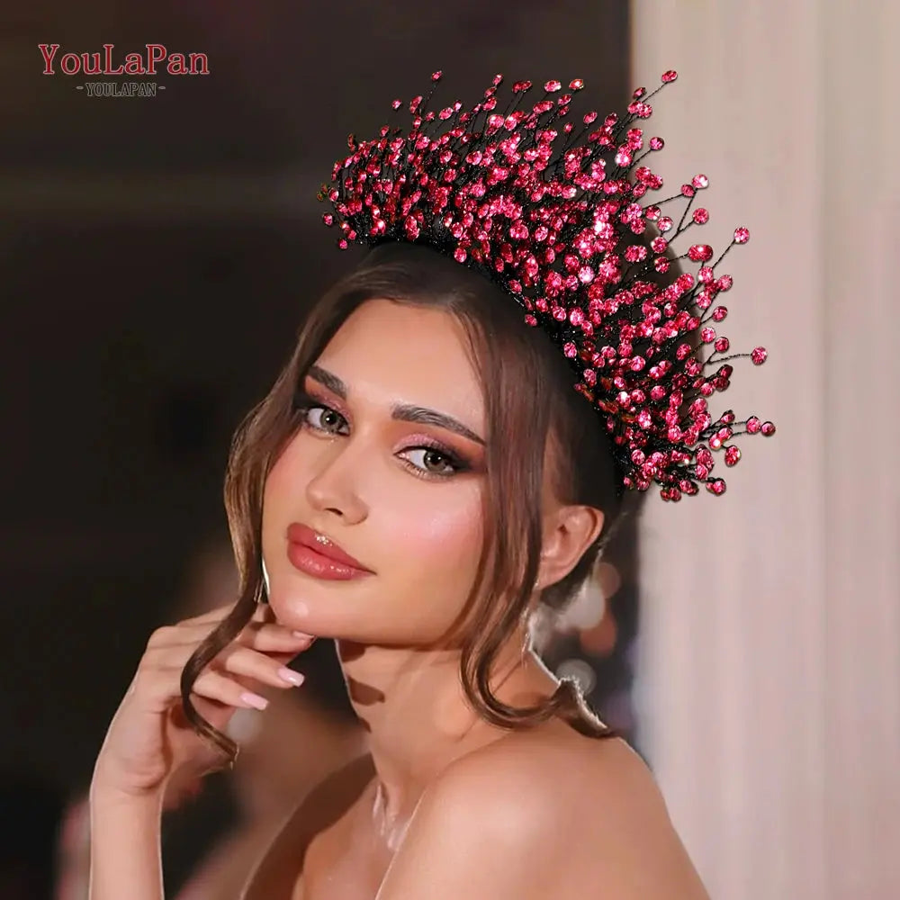 Rose Red Rhinestone Crown Headband worn styling | Veloria