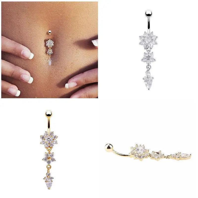 Flower pendant crystal belly button ring navel jewelry for women - side view on model | Veloria