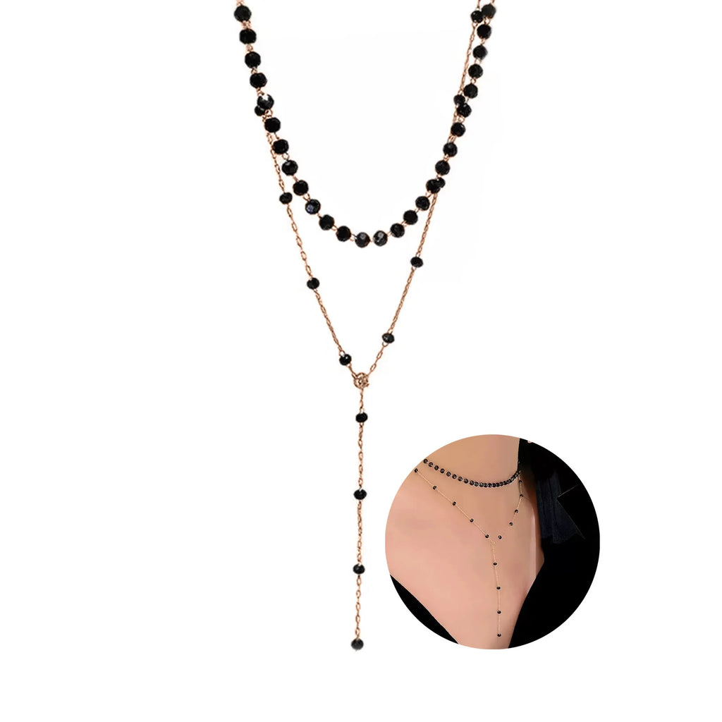Black Crystal Layered Necklace - Y Choker - close-up detail | Veloria