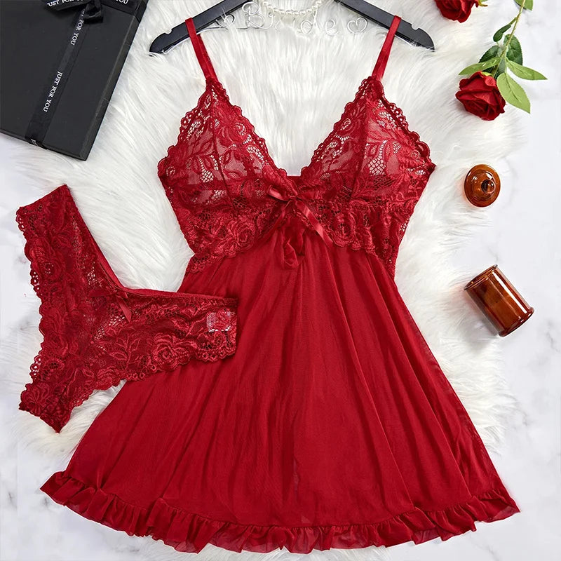 Red Lace Babydoll Sleepwear Set - close-up | Veloria