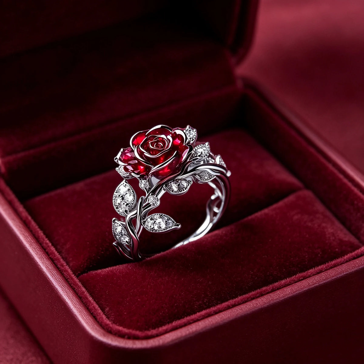 Rose Flower Ring - Red White Zircon - detail view | Veloria