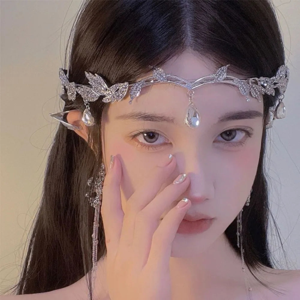 Crystal Leaf Tiara Crown - wedding headband worn by model | Veloria