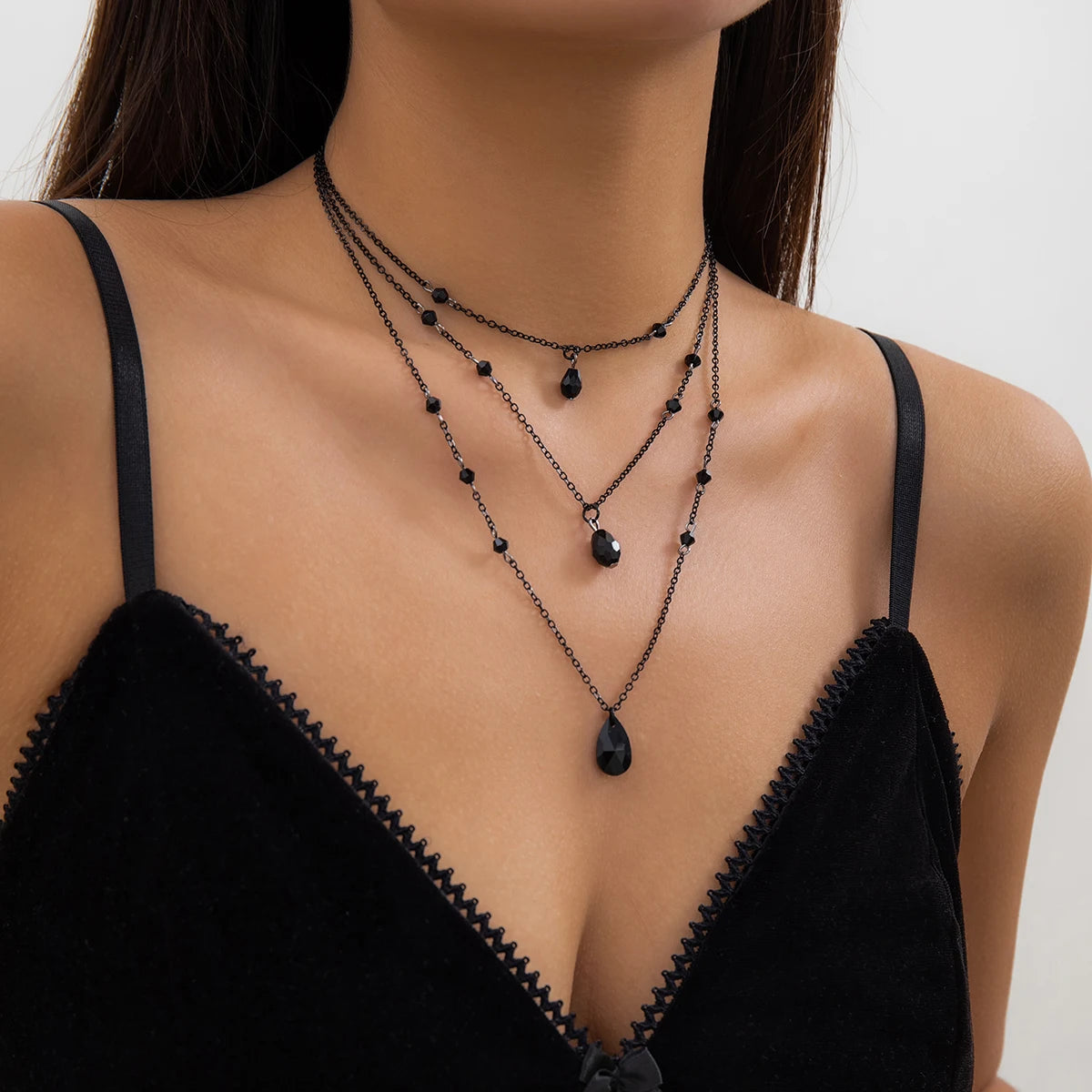 Layered Black Droplet Necklace - Triple Chain - side view | Veloria