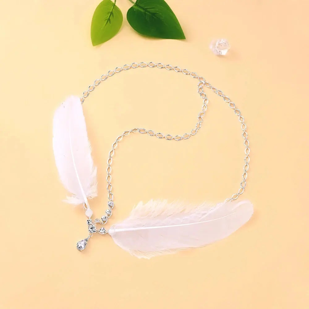 White Feather Forehead Headband worn styling | Veloria
