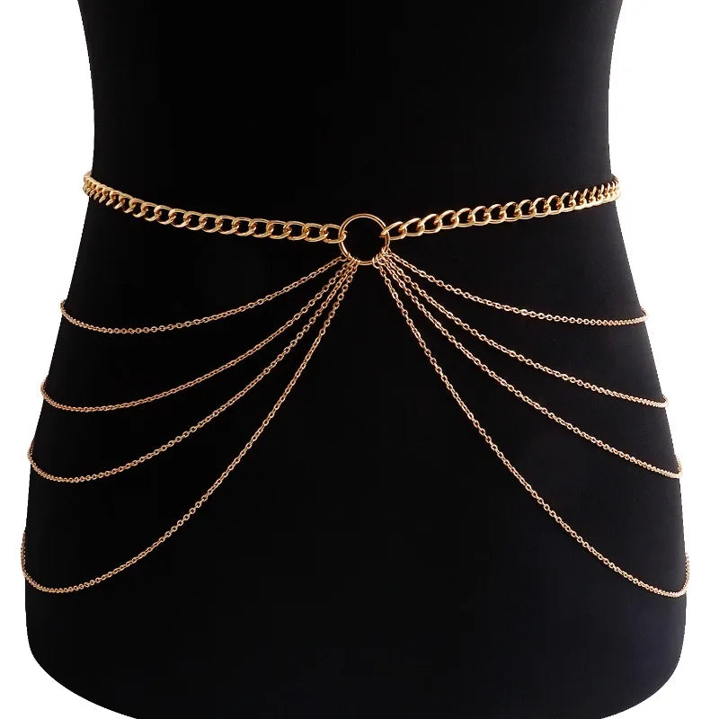Geometric tassel waist chain metal body jewelry for women - full outfit view | Veloria