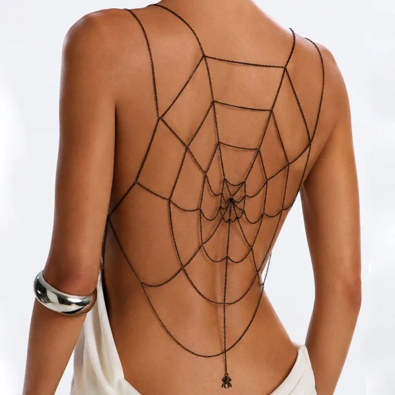 Spider Web Body Chain - gothic back harness worn by model | Veloria