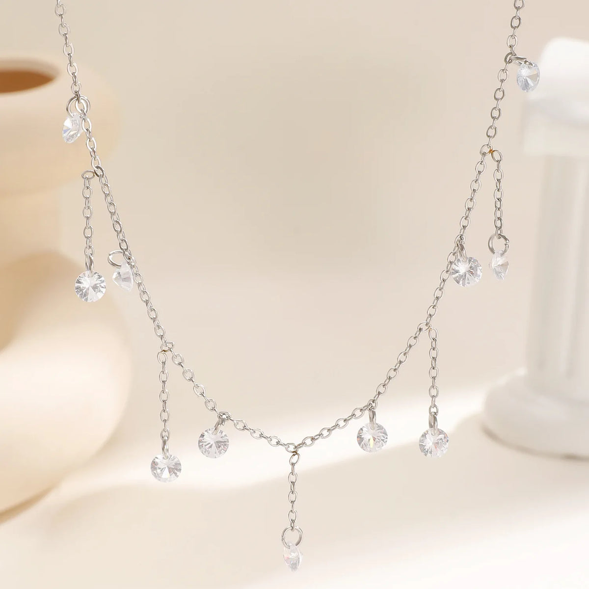 Zircon Tassel Layered Necklace - Stainless Steel - detail view | Veloria