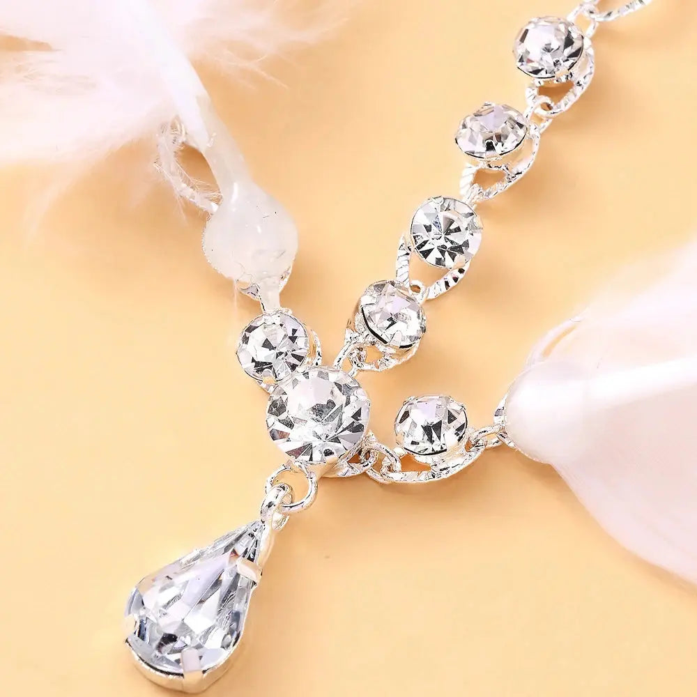 White Feather Forehead Headband - Rhinestone Head Chain - detail view 2 | Veloria