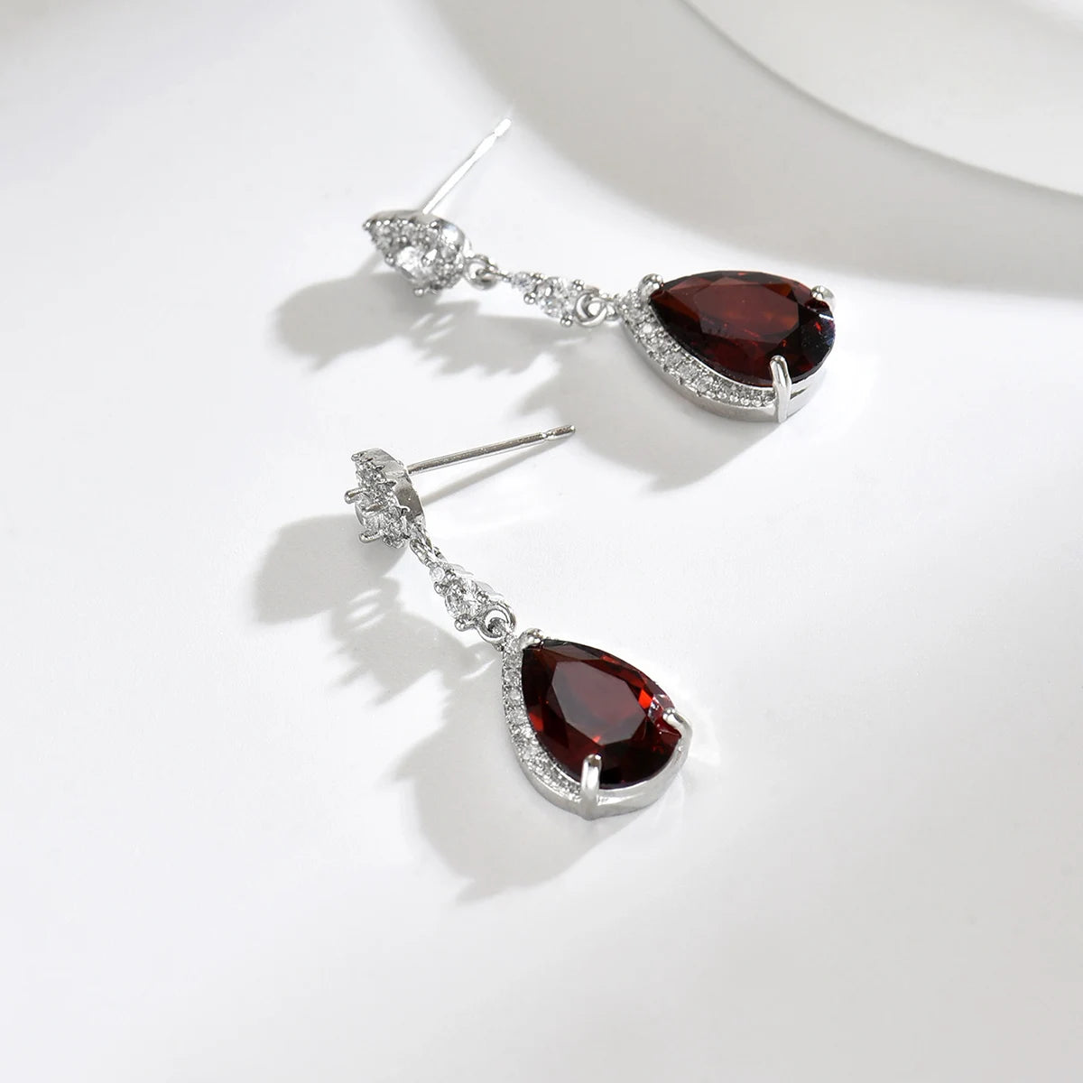 Red Water Drop Earrings - Cubic Zirconia - close-up detail | Veloria