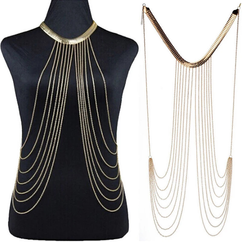 Tassel body chain long necklace for women - full outfit view | Veloria