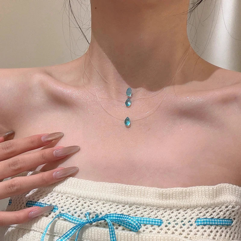 Water Droplet Pendant Necklace - Ice Glass - worn styling | Veloria