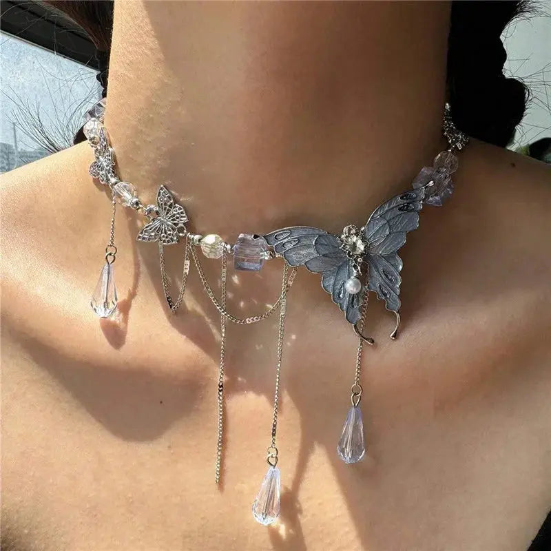 Butterfly Choker Necklace - rhinestone choker worn by model | Veloria