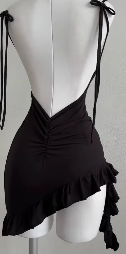 Black Lace Backless Dress - backless lace-up back view | Veloria