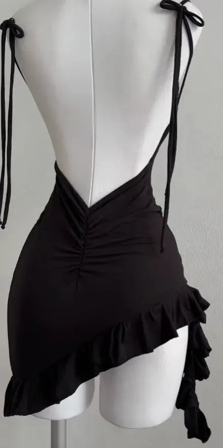 Black Lace Backless Dress - backless lace-up back view | Veloria