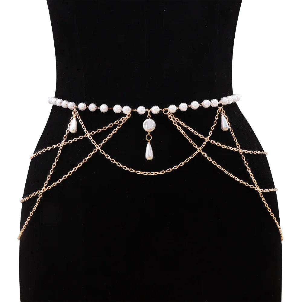 Vintage Pearl Tassel Chain Belt - multilayer belt worn by model | Veloria