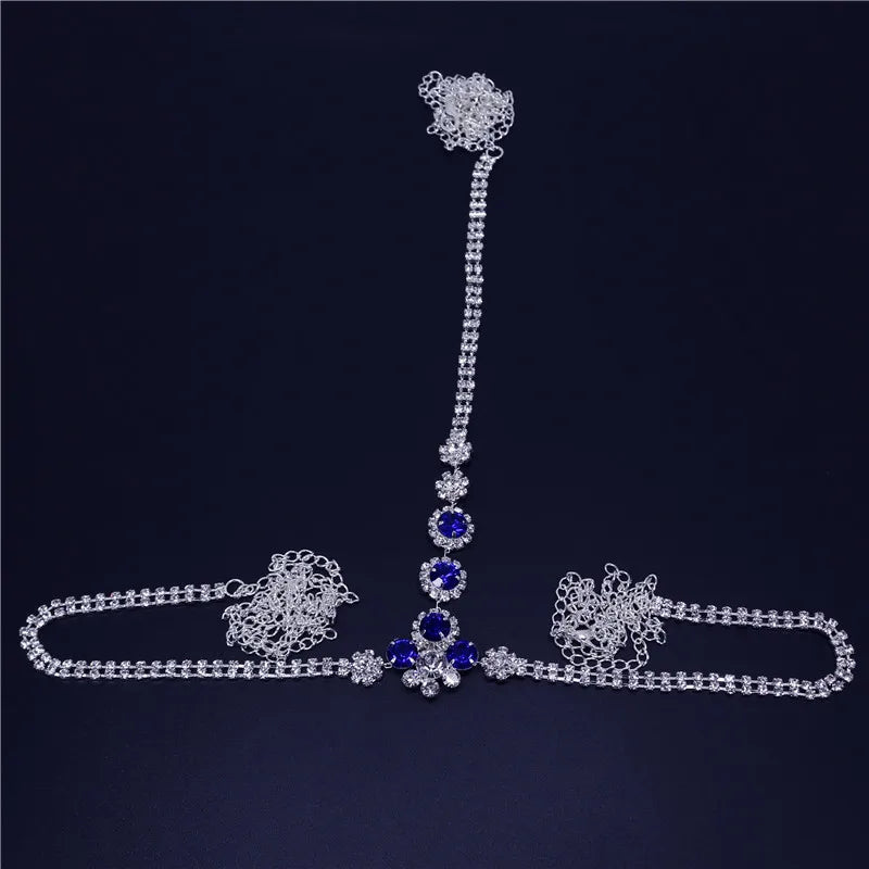 Blue and white rhinestone body waist chain for women - side view on model | Veloria