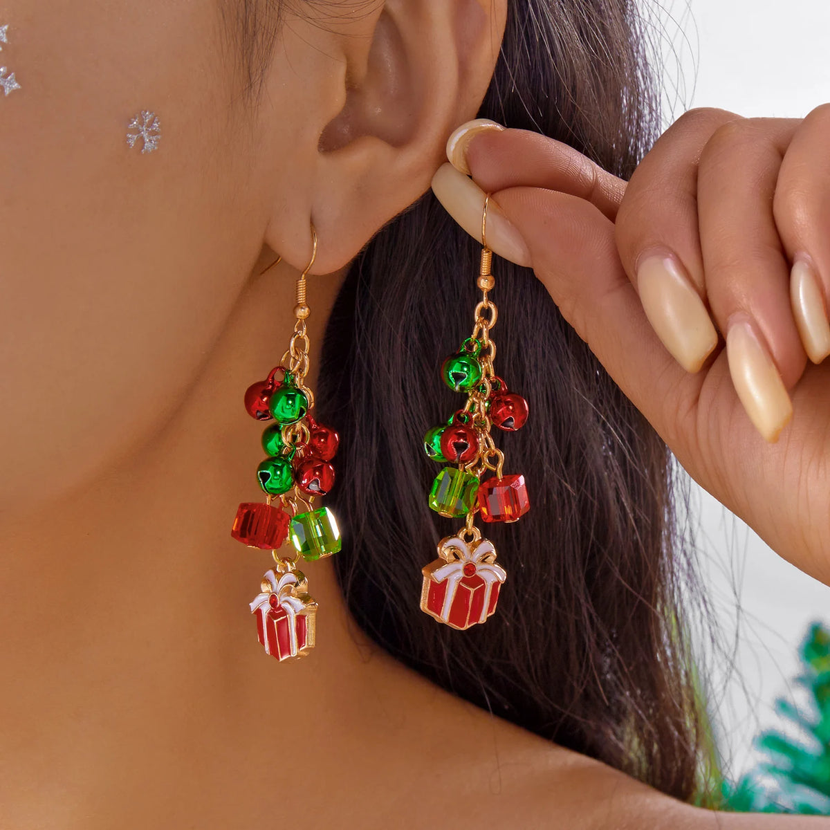 Christmas Dangle Earrings - festive earrings worn by model | Veloria