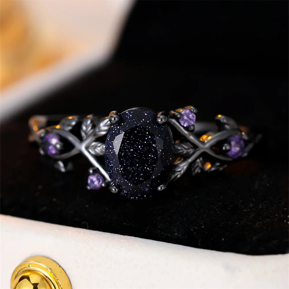 Blue Oval Zircon Ring - Vintage Black Metal - styled look | Veloria