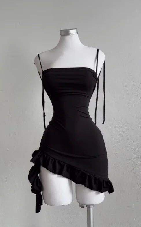 Black Lace Backless Dress - spaghetti strap neckline detail | Veloria