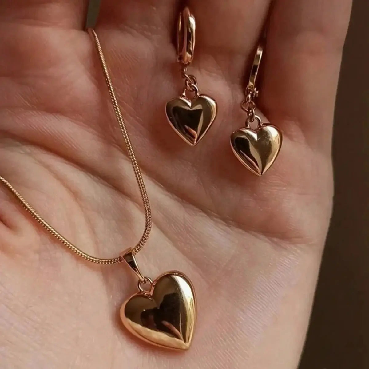 Puffy Heart Jewelry Set - rose gold set worn by model | Veloria