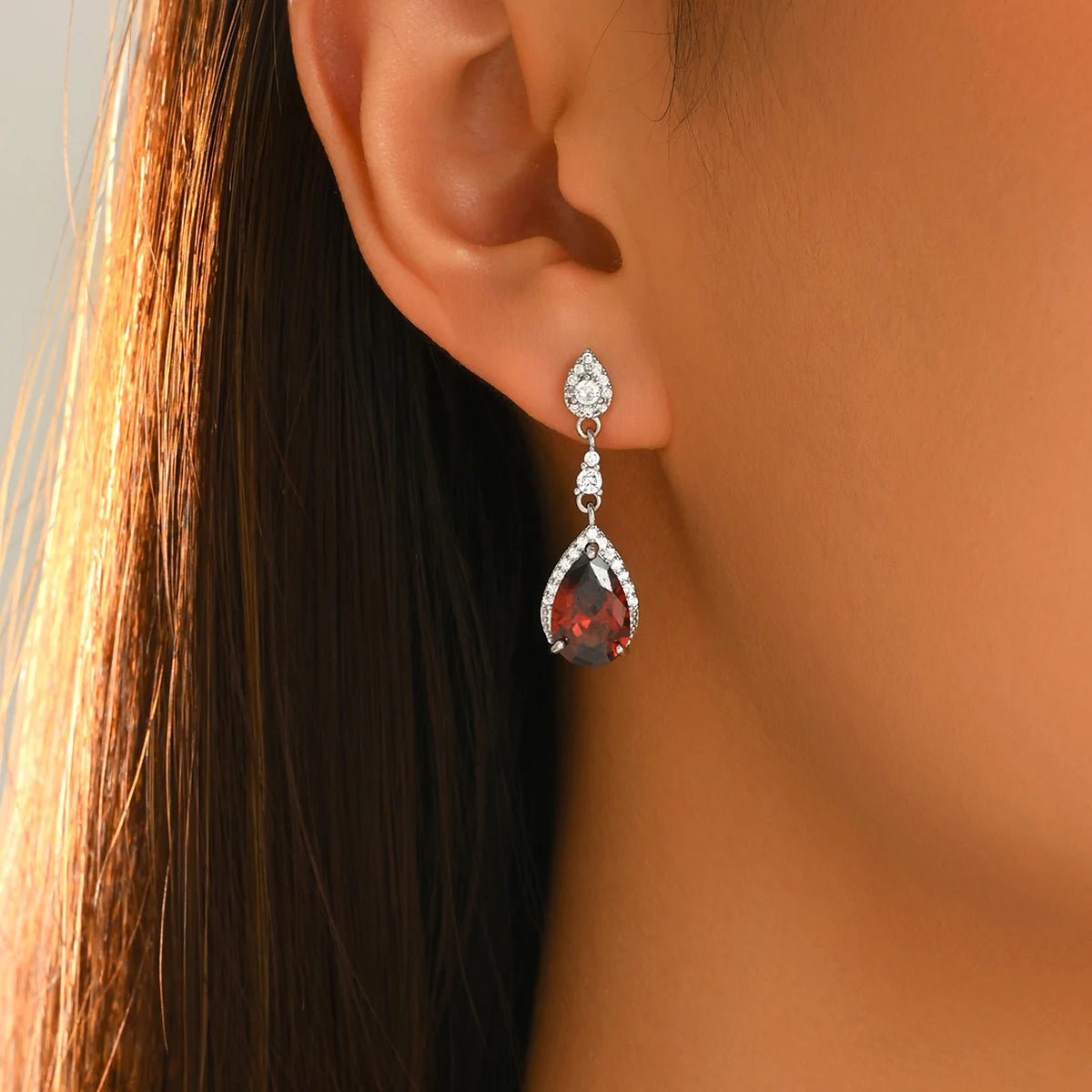 Red Water Drop Earrings - Cubic Zirconia - detail view | Veloria