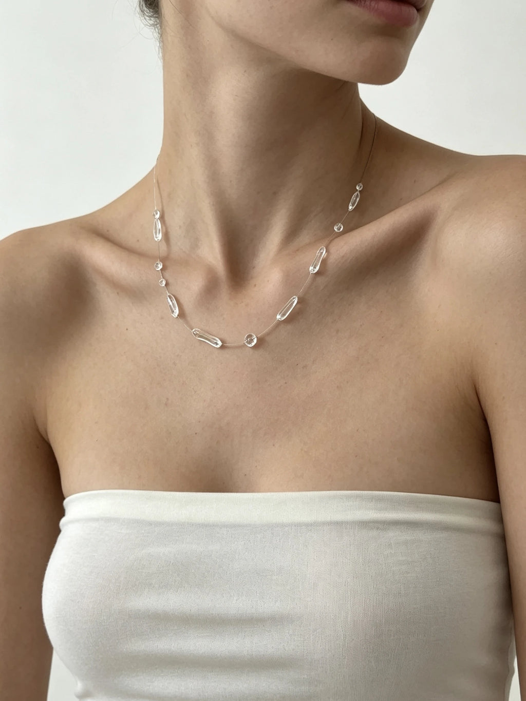 Irregular Clear Bead Necklace - Resin Dewdrop - worn styling | Veloria