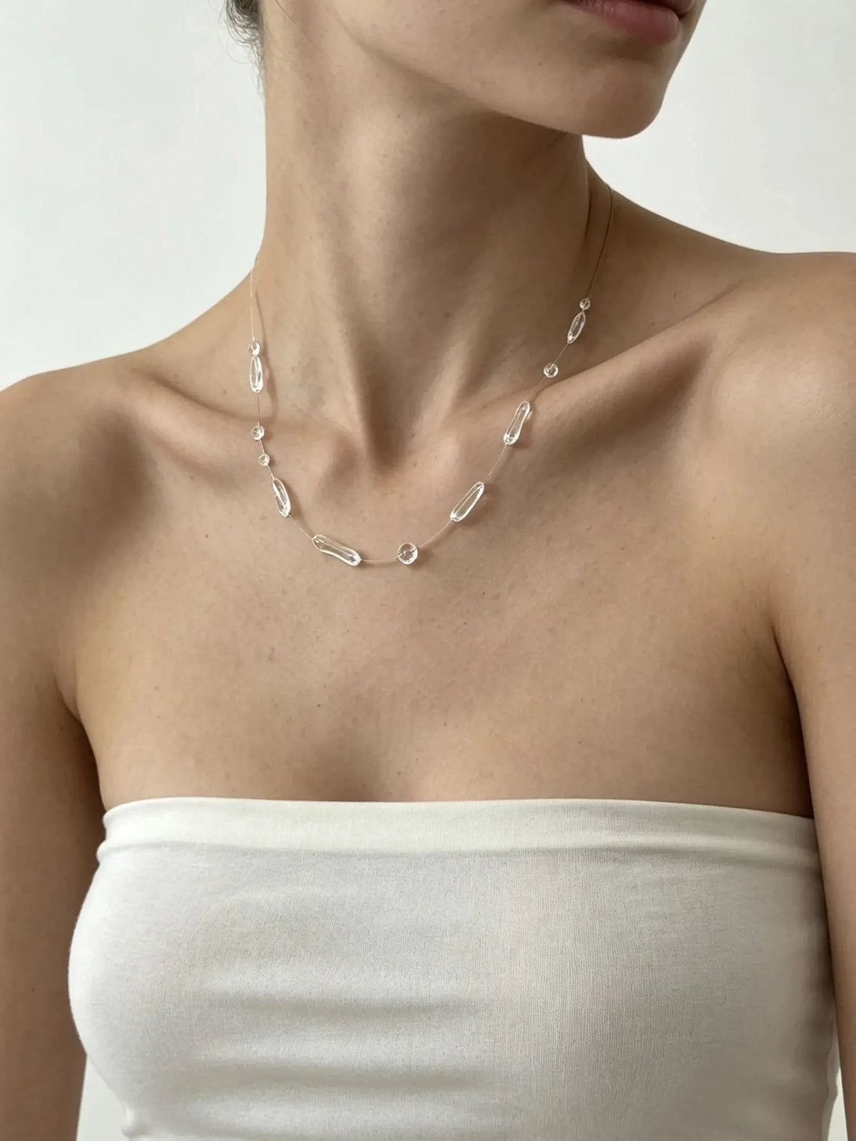 Irregular Clear Bead Necklace - Resin Dewdrop - worn styling | Veloria