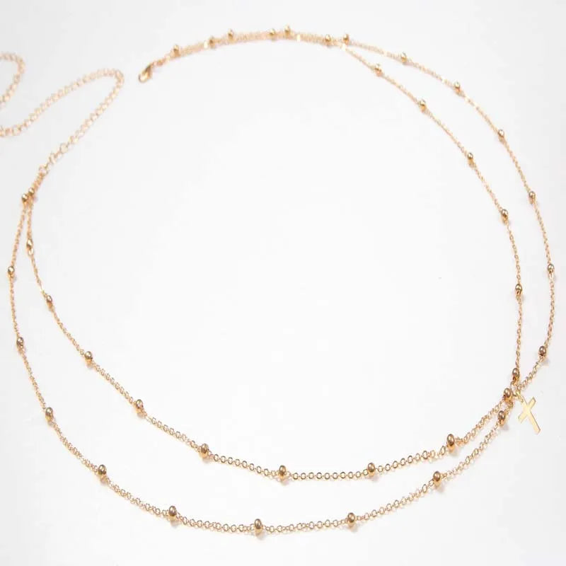 Double layer gold beaded waist chain for women - flat detail shot | Veloria