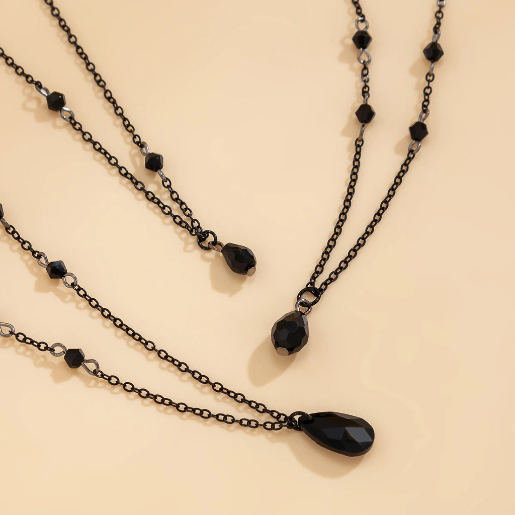 Layered Black Droplet Necklace - Triple Chain - worn styling | Veloria