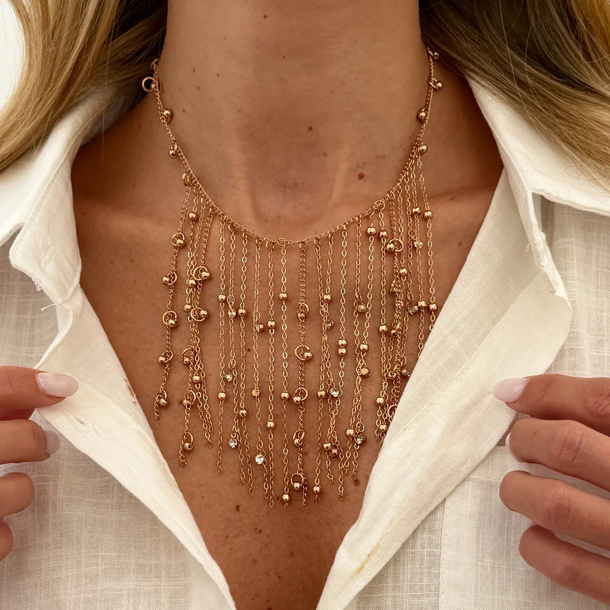 Beaded Fringe Necklace - Crystal Ball Chain - close-up detail | Veloria