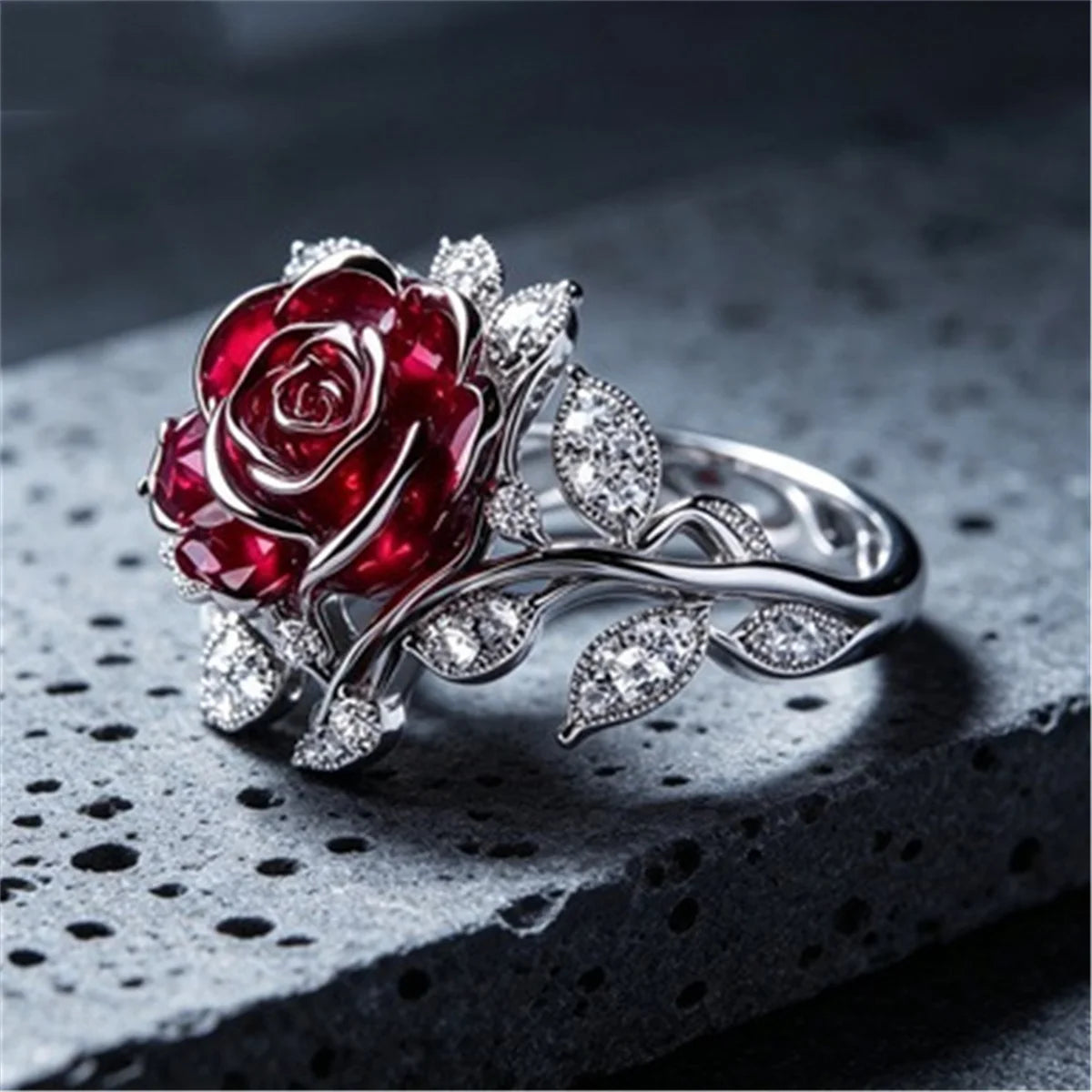 Rose Flower Ring - Red White Zircon - worn by model | Veloria