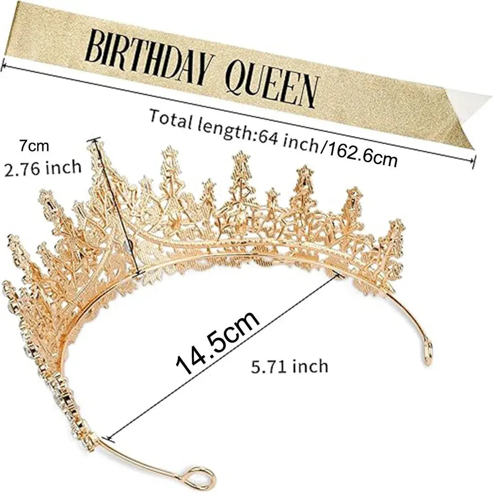 Gold Queen Crown and Sash Set - Crystal Tiara - styled look 3 | Veloria
