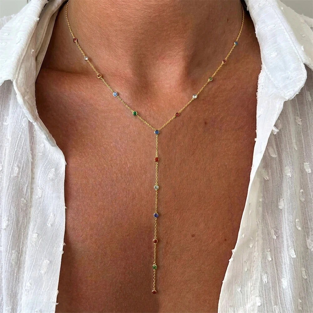 Colorful Zircon Y Necklace - Stainless Steel worn by model | Veloria