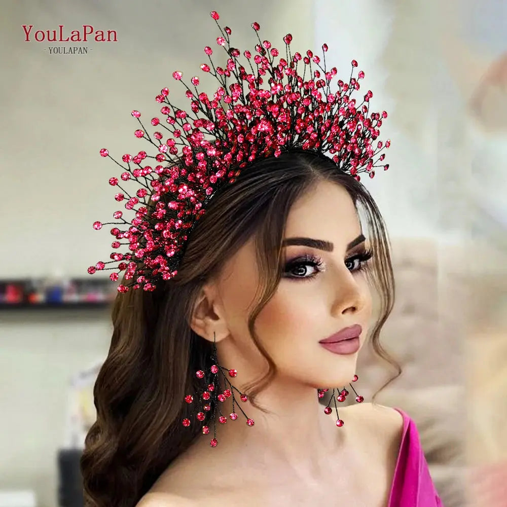 Rose Red Rhinestone Crown Headband - Handmade front view | Veloria