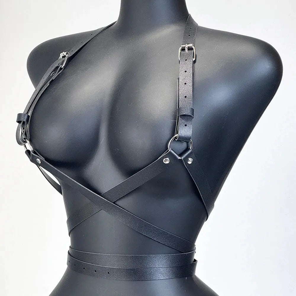Leather Harness Waist Belt - black pu leather texture | Veloria