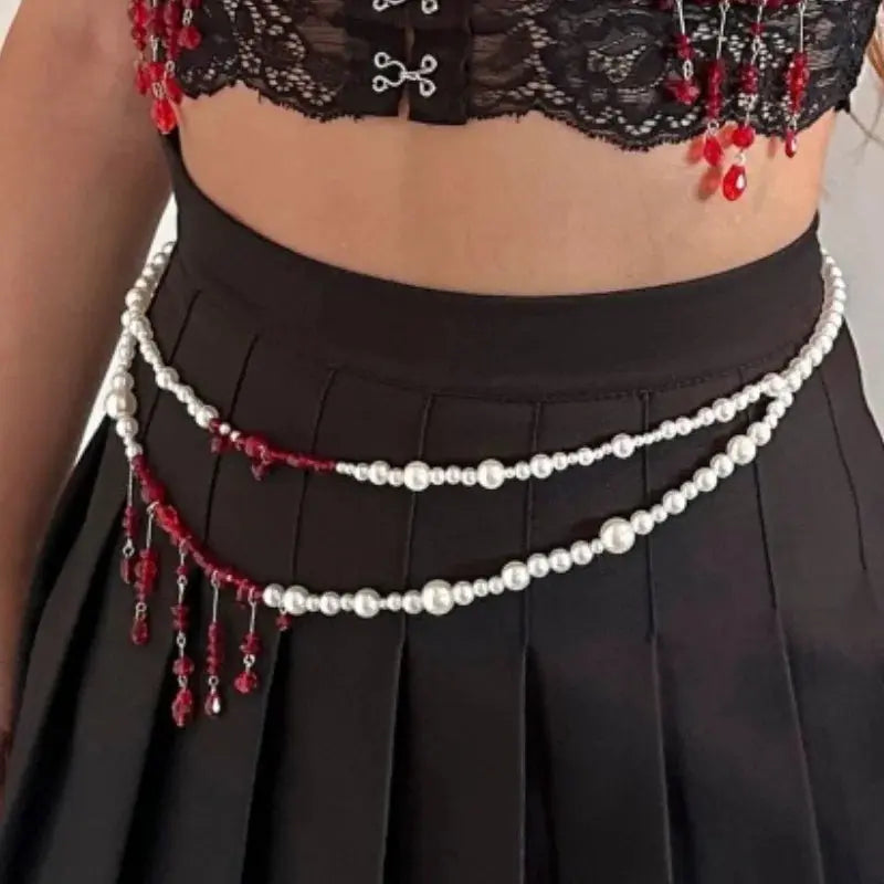 Red Pearl Waist Chain - Multilayer Belt Chain
