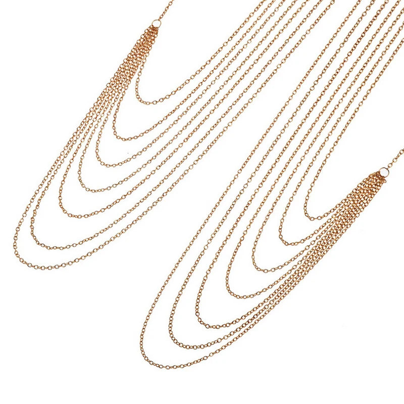 Tassel body chain long necklace for women - side view on model | Veloria