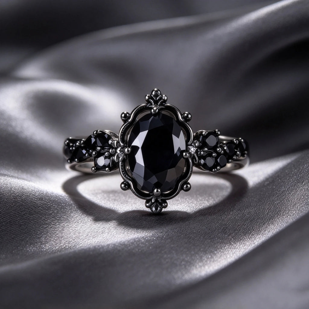 Black Oval Zircon Ring - Promise Engagement - side detail | Veloria