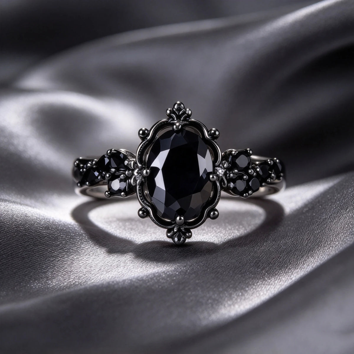 Black Oval Zircon Ring - Promise Engagement - side detail | Veloria