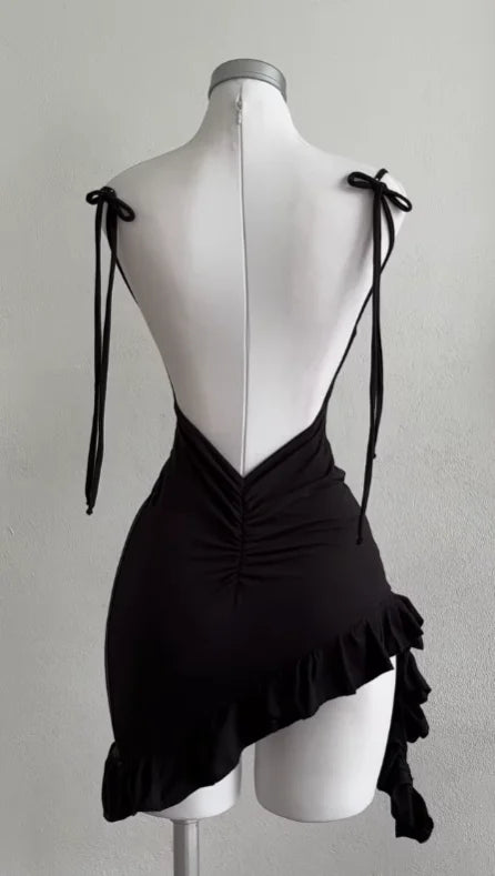 Black Lace Backless Dress - lace detail front view | Veloria