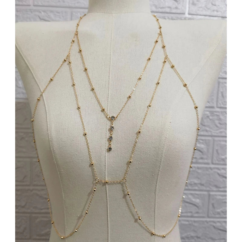 Crystal metal body chain bikini jewelry for women - full outfit view | Veloria