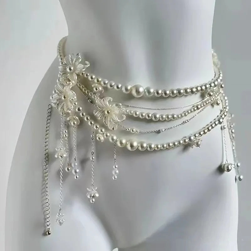 Red Pearl Waist Chain - pearl strands detail | Veloria