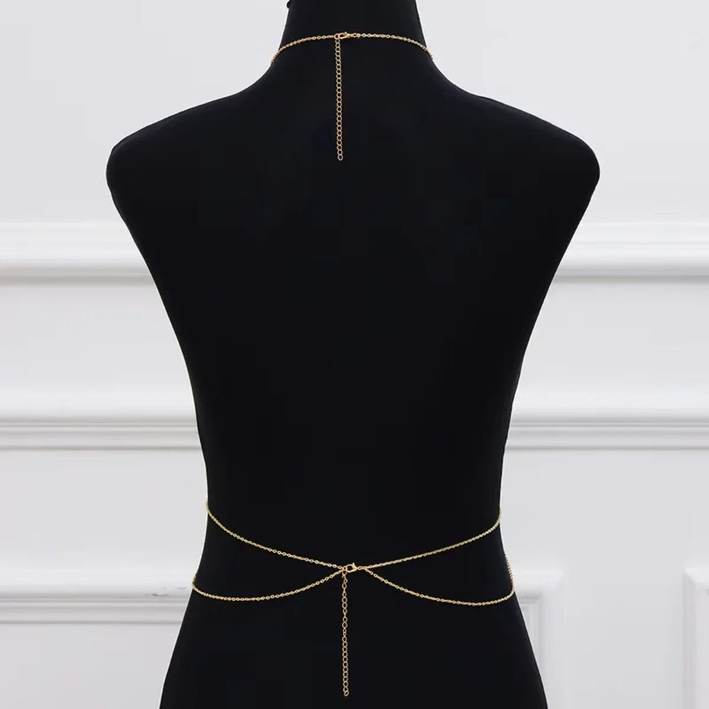 Minimalist cross body chain link jewelry for women - worn by a woman, front view | Veloria