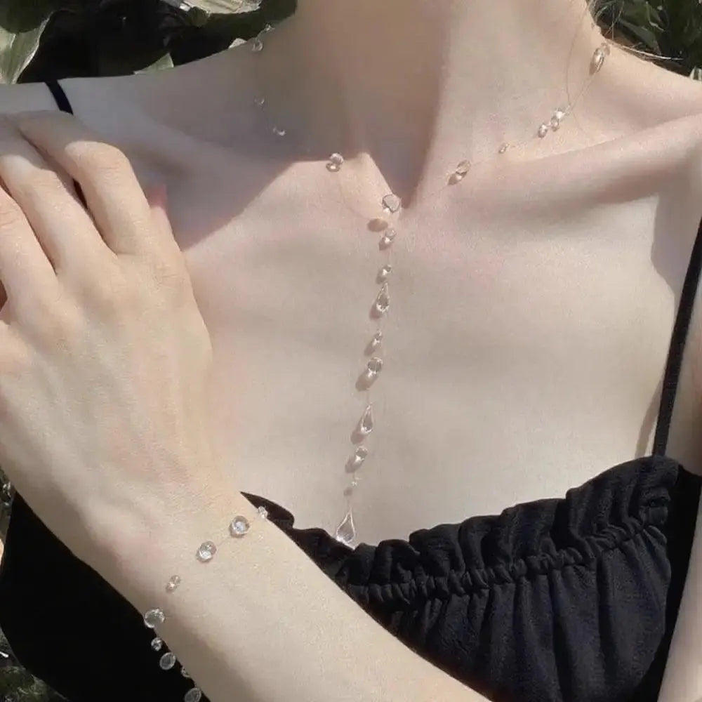 Water Drop Necklace Set - Clear Dewdrop Jewelry worn by model | Veloria