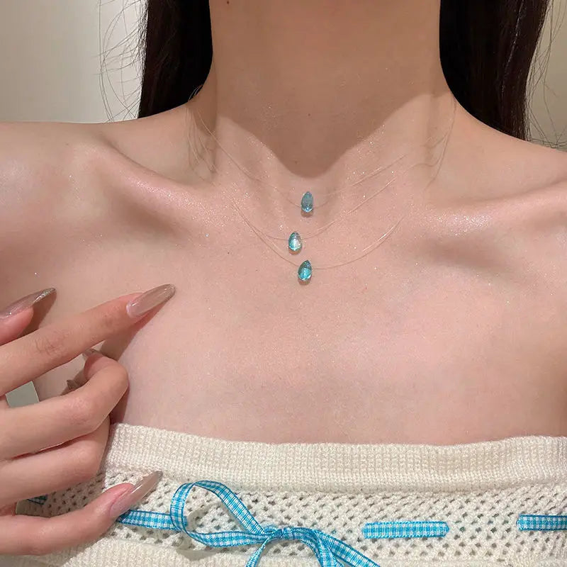 Water Droplet Pendant Necklace - Ice Glass - side view | Veloria