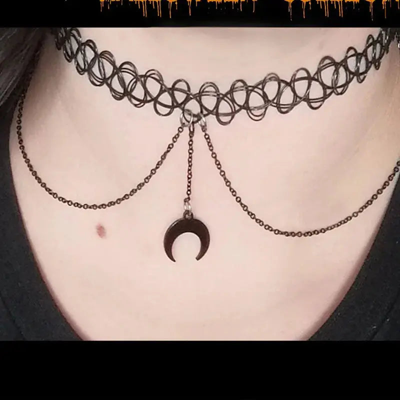 Moon O-Ring Choker Necklace - Gothic Black worn by model | Veloria